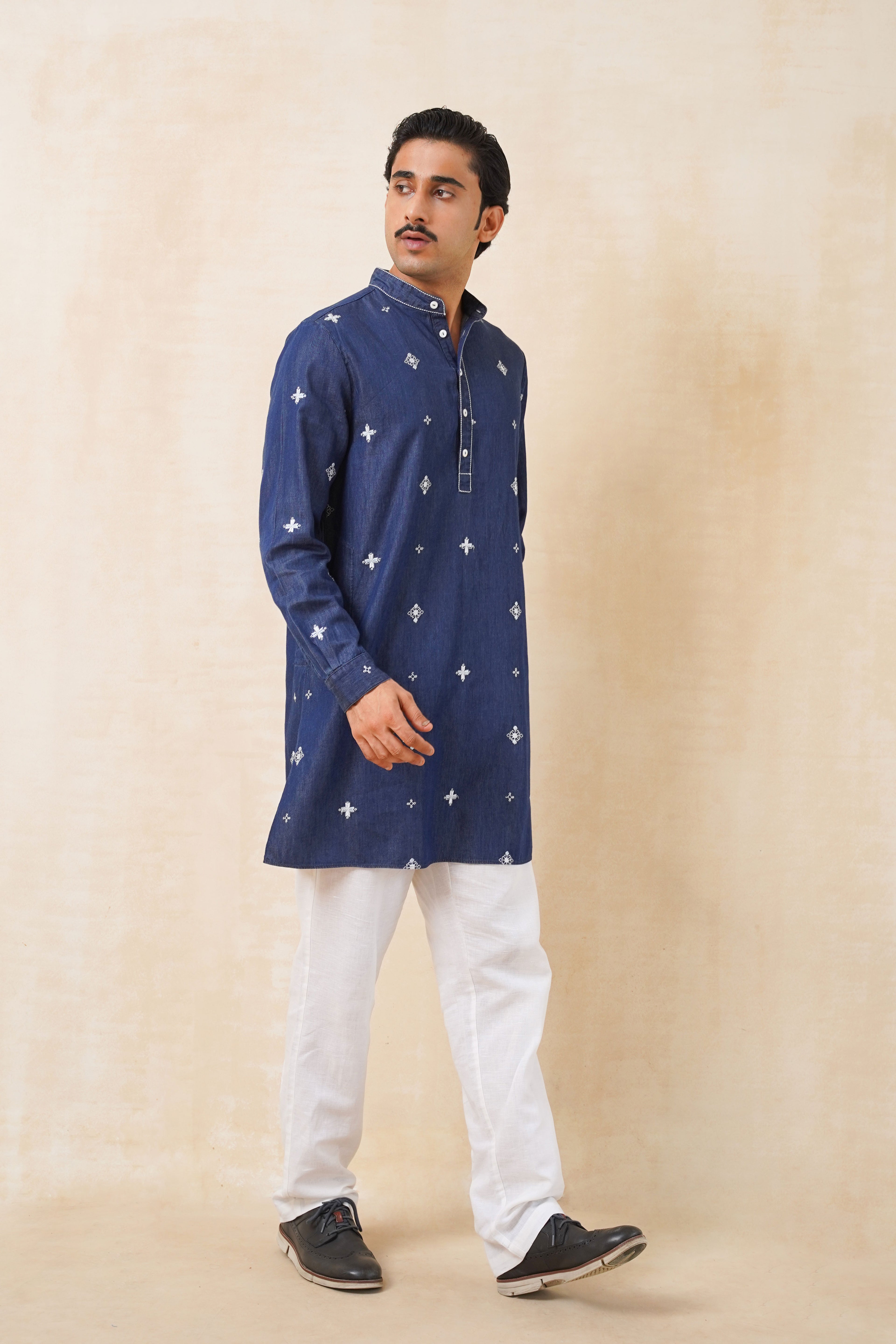 SHORT DENIM EMB.KURTA SET DARK INDIGO