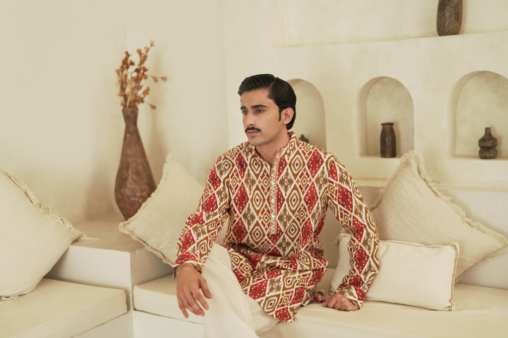 Rust Ikat Kurta Set